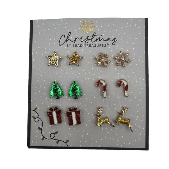 NWT Bead Treasures 6 Pairs of Pierced Christmas Earrings - Picture 1 of 2